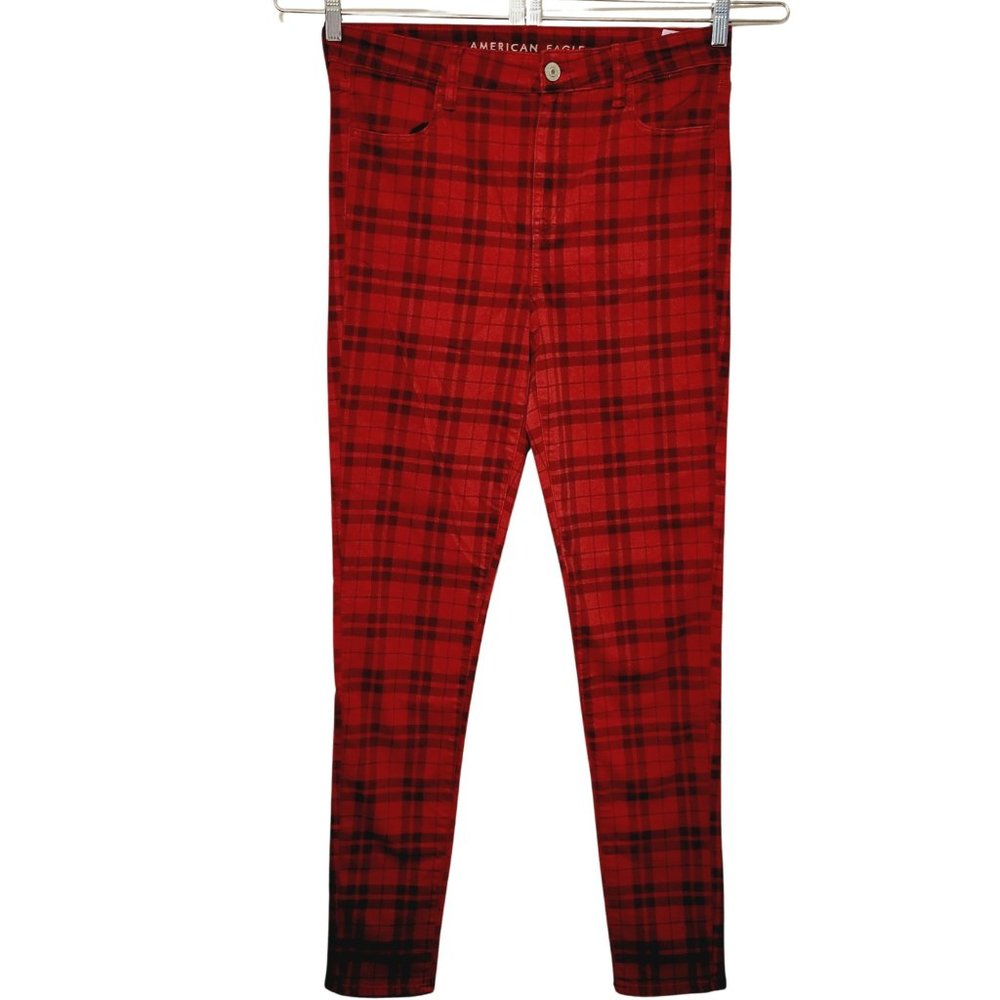 American Eagle Womens 14  Next Level Stretch Hi-Rise Jegging Red Christmas Plaid